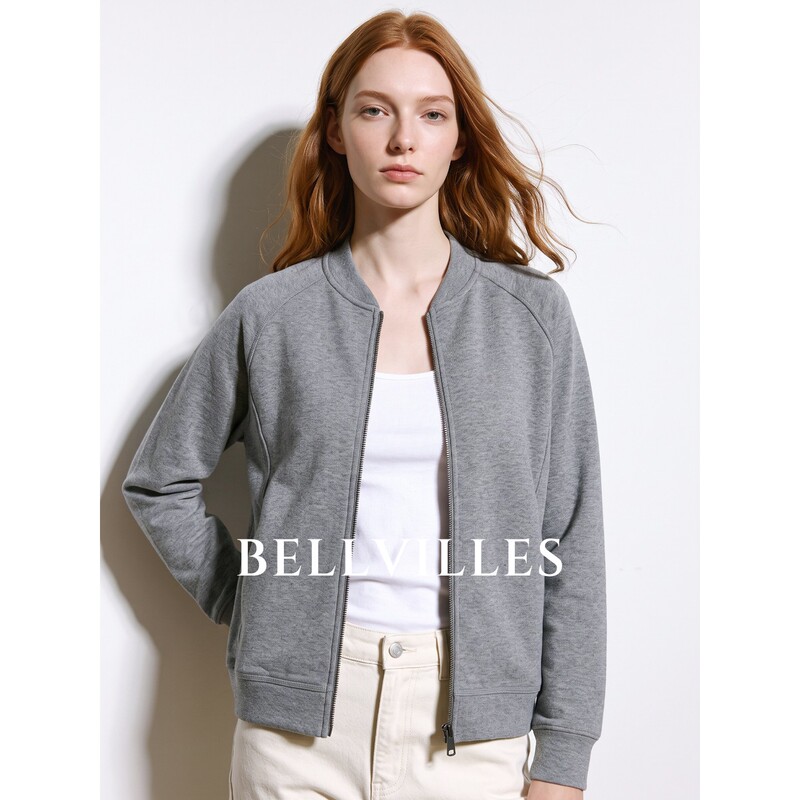 Bellvilles/Bella Villa French-Style Commuter Gray Stand-Collar Sweatshirt Jacket Women's Baseball Jacket Top