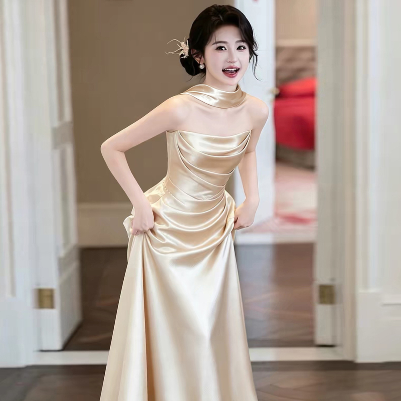 Strapless Engagement Evening Dress, Light Luxury Niche High-End Champagne Color Banquet-Style Elegant Adult Ceremony Dress, Bridal Gown Strapless Engagement Evening Dress, Light Luxury Niche High-End Champagne Color Banquet-Style Elegant Adult Ceremony Dress, Bridal Gown