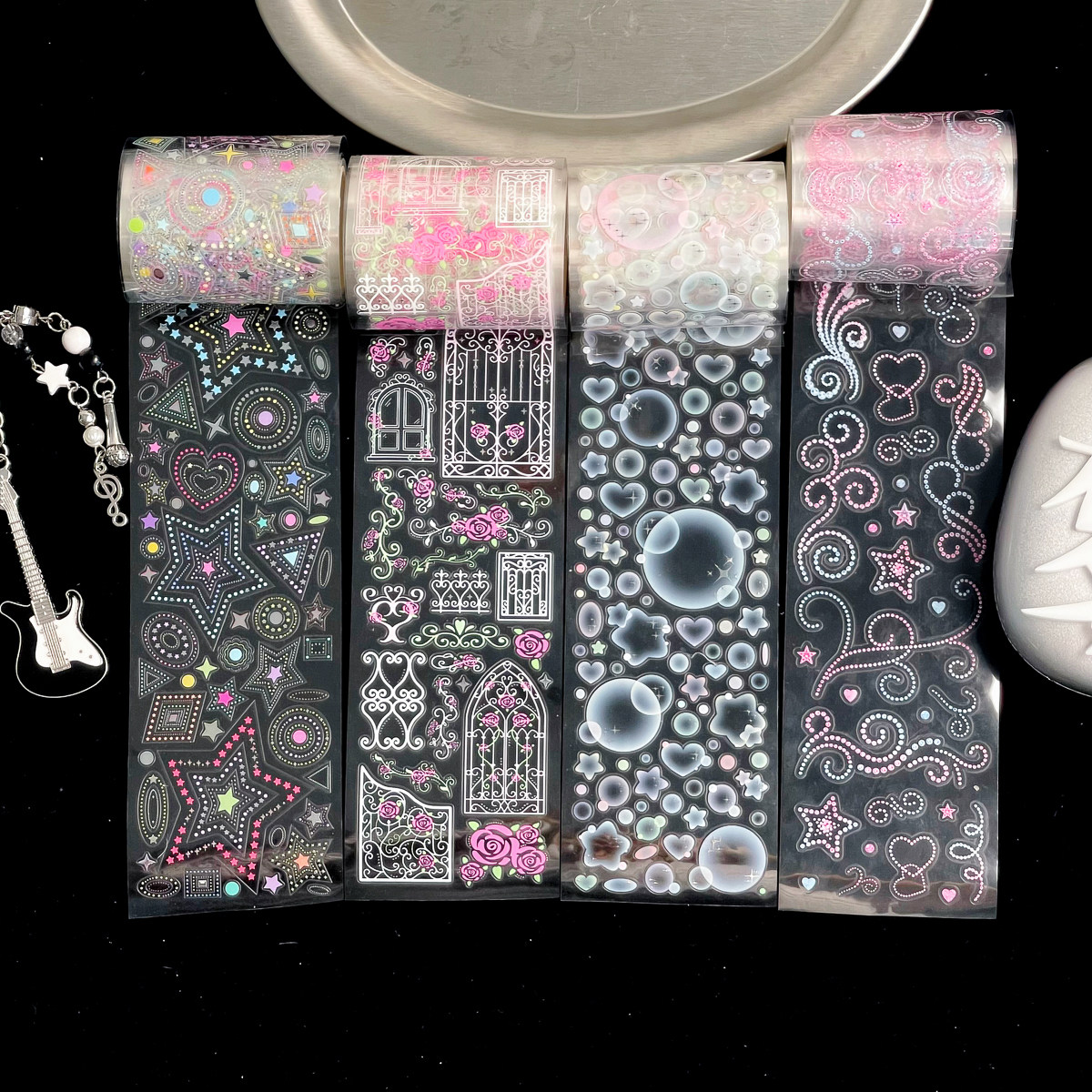 [September New Arrivals VOL 02] Rhinestone Hot Stamped Silver PET Stickers Roll Journal Guka Colorful Rose Decoration