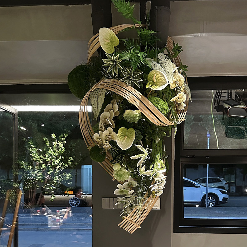 Bamboo Frame Artificial Green Plant Wall Hanging Floral Moss Ball Commercial Display Decoration for Trendy Shop Storefront