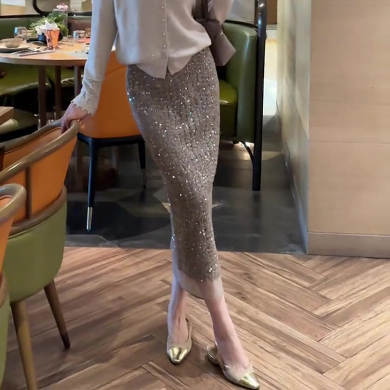 Light Luxury Style Back Slit Sequin Skirt for Women, 2026 Autumn Popular Trendy Fashionable Versatile Mid-Length Skirt