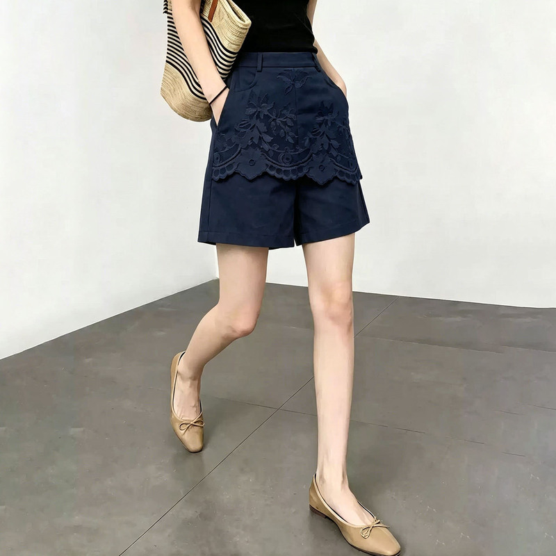 Navy Blue Lace Shorts for Women, 2026 Summer Trendy New High-Waisted Slimming Fashionable Wide-Leg Pants Navy Blue Lace Shorts for Women, 2026 Summer Trendy New High-Waisted Slimming Fashionable Wide-Leg Pants