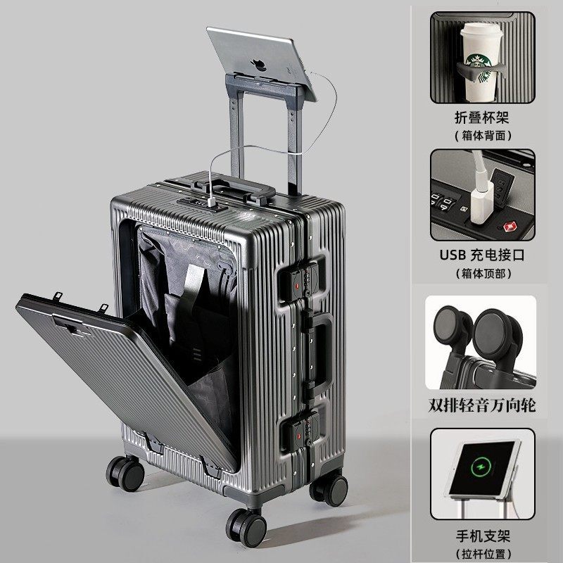 Diplomat Front-Opening Trolley Suitcase with Aluminum Frame, Large Capacity, Multifunctional, Lightweight, Suitable for Students, 20inch Inches, Can Be Taken on Board 26