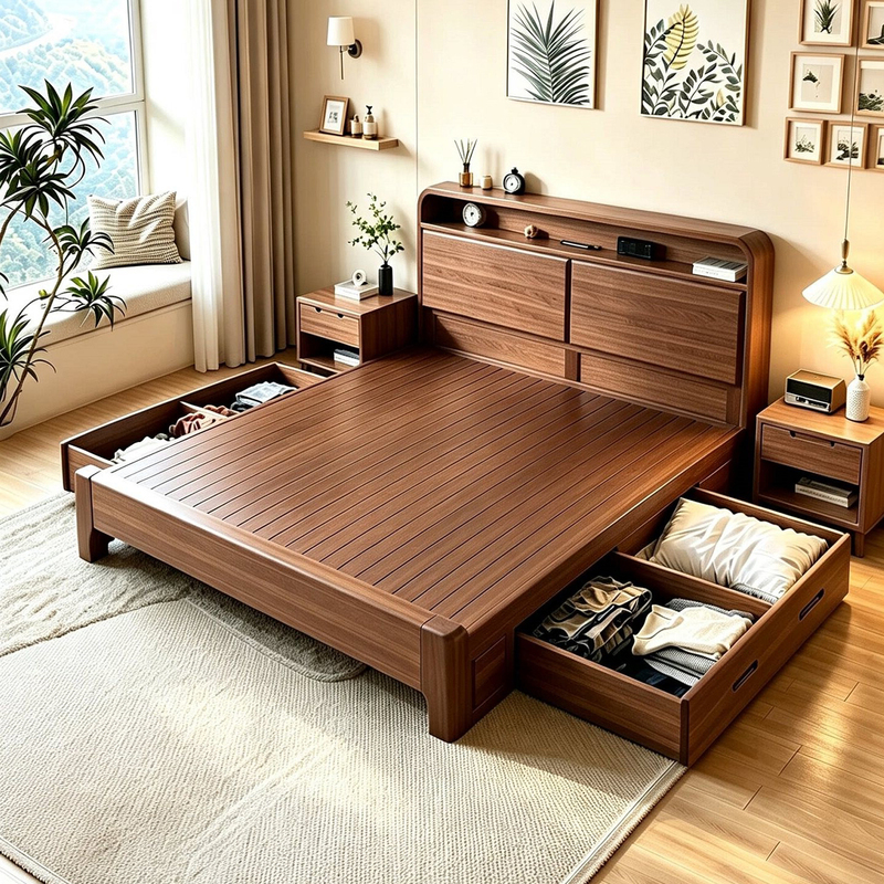 Nordic Solid Wood Bed, Modern and Simple, 1.8m Double Beds, 1.5m Single Beds, Economical Bedroom Bed with Storage