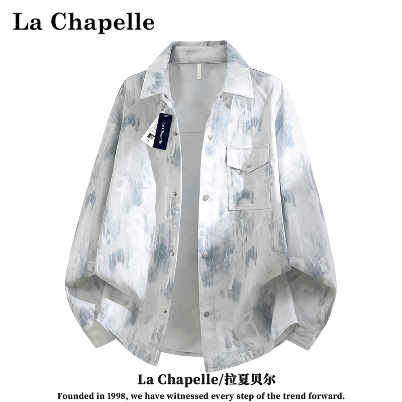 La Chapelle's New Autumn Ink Tie-Dye Shirt for Men, Full Print Letters, Loose Fit, Large Size, Turn-Down Collar Casual Jacket