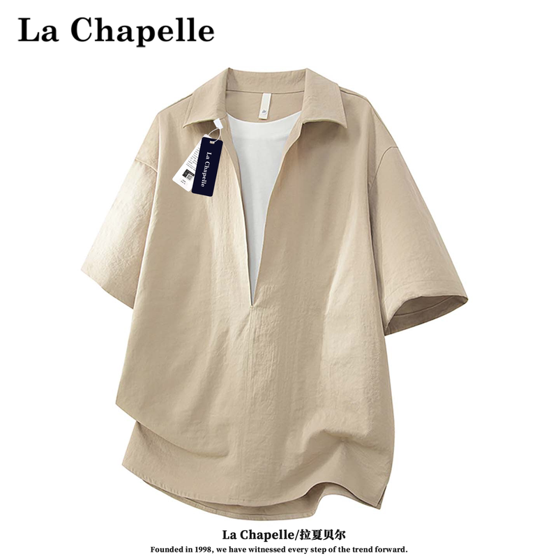La Chapelle American-Style Large V-Neck Short-Sleeve T-Shirt with Patchwork Design, Men's Summer Trendy Casual Fake Two-Piece Shirt