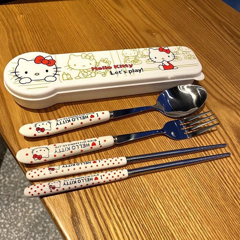 Hello Kitty Tableware Set Stainless Steel Fork Student Ceramic Handle Hello Kt Spoon Hello Kitty Chopsticks