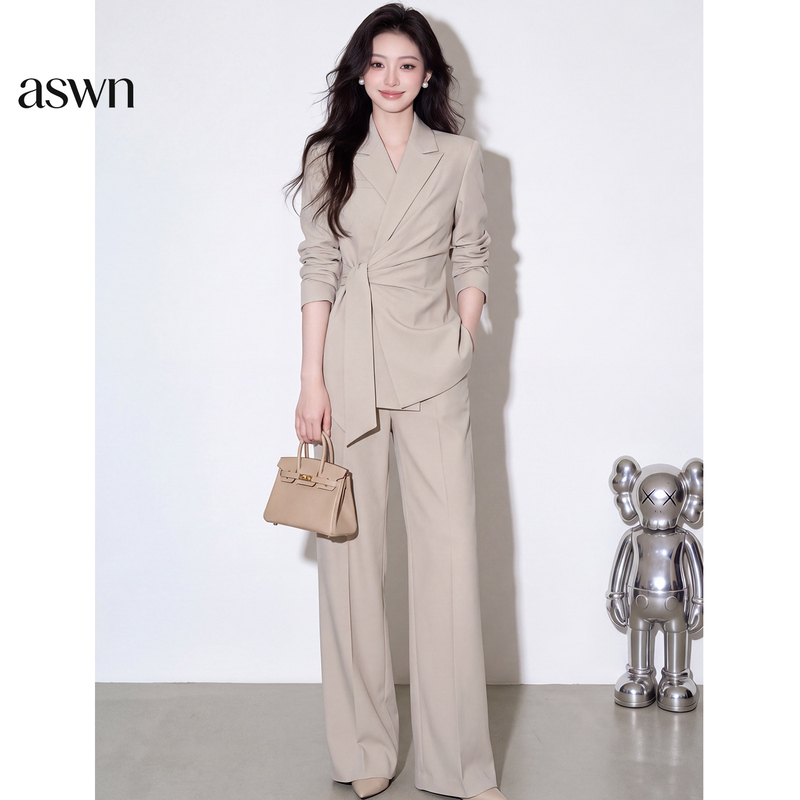 Aswn High-Fashion Outfit, Mature and Cool Style, Blazer Jacket and Wide-Leg Pants Two-Piece Set for Women, Autumn 2026 New Model