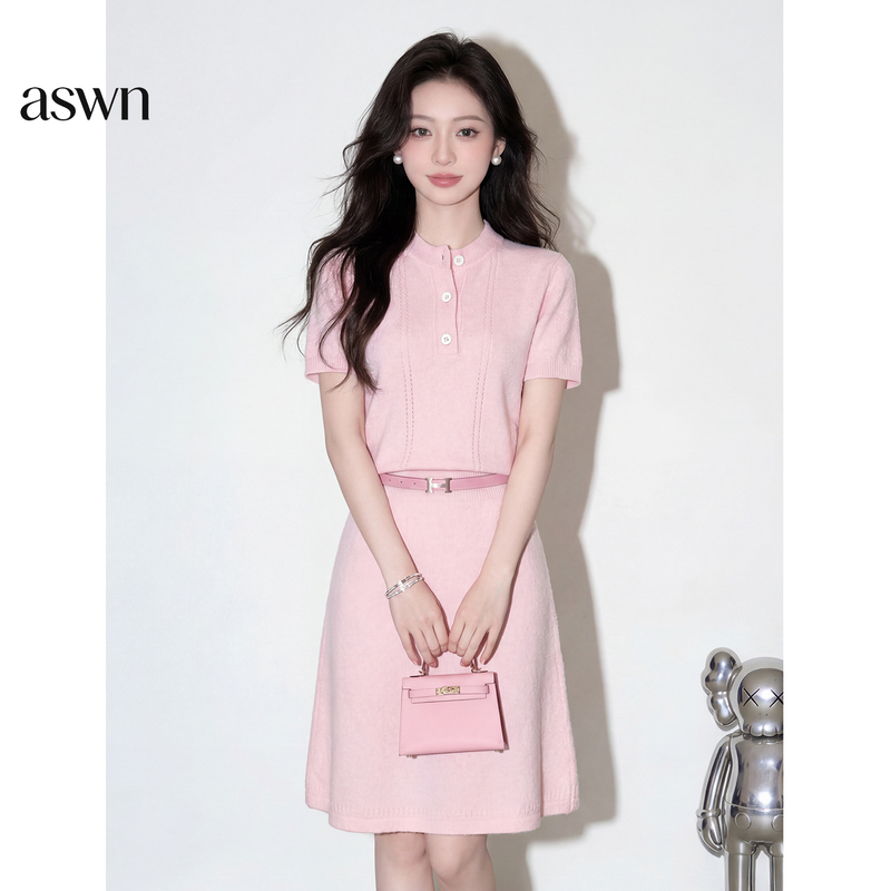 Aswn French Style High-Quality Particularly Beautiful Pink Knitted Short-Sleeved Dress for Women Summer 2026 New Style