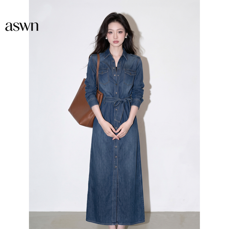 French-Style High-Fashion, Stylish and Sophisticated Outfit, Waist-Cinching Blue Denim Shirt Dress for Women, Autumn 2026 New Collection