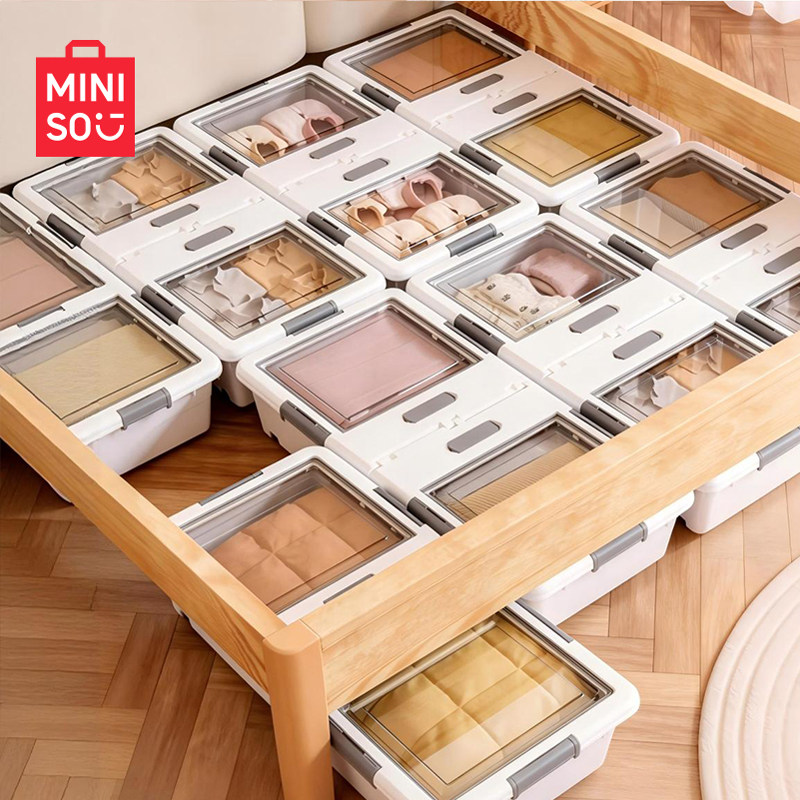 MINISO bed bottom container with a roller under the bed, and a squeamish squirt of mythosteric cotton in a dress drawer.