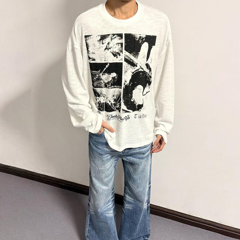Swlace American Street Style Lightweight Blended Rock Print Long-Sleeve T-Shirt Unisex Loose Versatile Cover-Up Top Autumn Swlace American Street Style Lightweight Blended Rock Print Long-Sleeve T-Shirt Unisex Loose Versatile Cover-Up Top Autumn