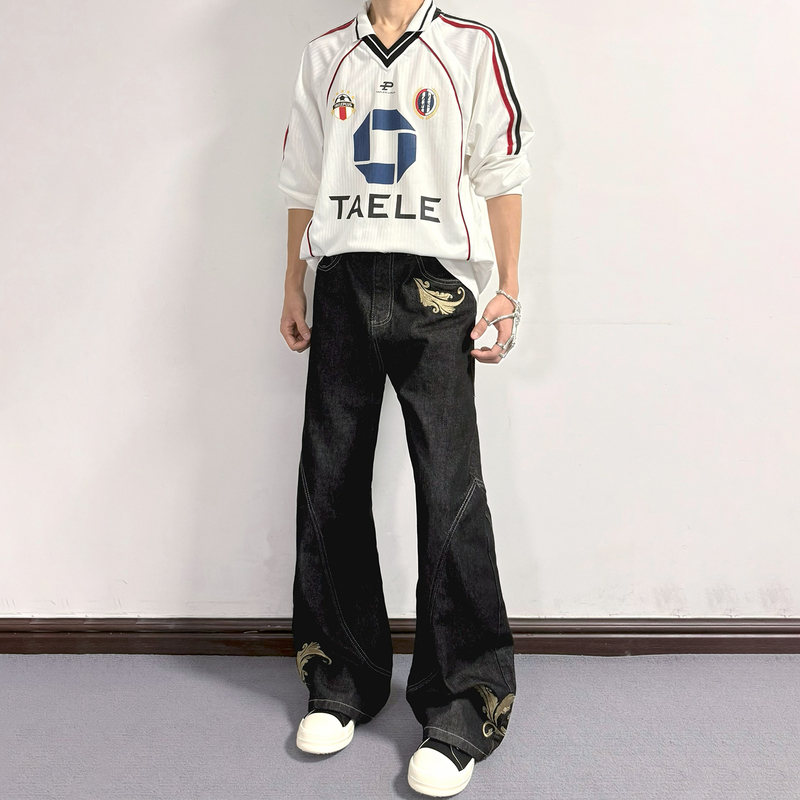 Swlace American-Style Flared Raw Denim Jeans for Men and Women, Washed Straight-Leg with Dark Gold Embroidery, Versatile Trendy Long Pants