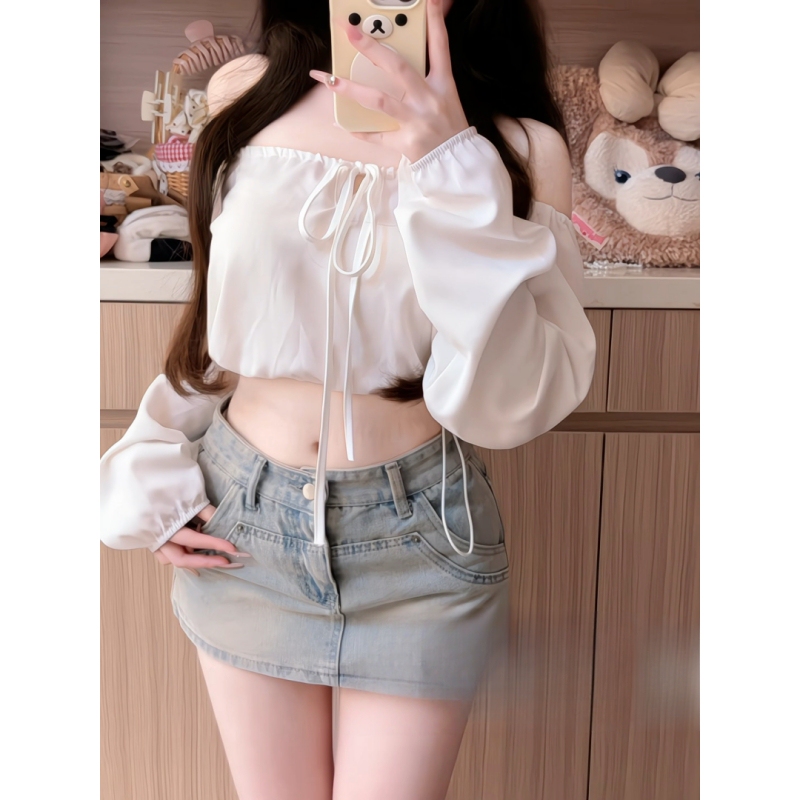 Purely Sensual and Sexy Hot Girl Style Drawstring Off-Shoulder Long-Sleeve T-Shirt for Women, with a Stylish and Versatile Design That Makes You Look Slimmer Purely Sensual and Sexy Hot Girl Style Drawstring Off-Shoulder Long-Sleeve T-Shirt for Women, with a Stylish and Versatile Design That Makes You Look Slimmer