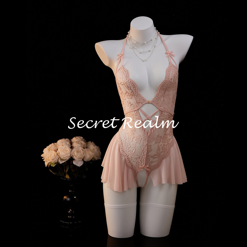 Secret Realm'Shallow Crimson' Sexy Small Chest Lace One-Piece Mesh Lace Battle Robe Qqny Lingerie Large Size