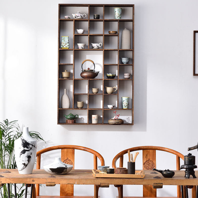 Solid wood Duobao Pavilion tea set storage wall hanging rack 48 compartments