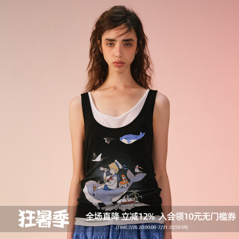 [Same Style as Chen Meng] Yanag Sailor Riding a Whale Fake Two-Piece Color-Blocked Vest