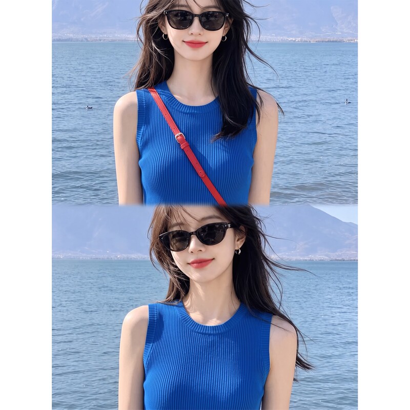 Klein Blue Sleeveless Knit Vest for Women, Summer Outerwear for Beach Photoshoots, Royal Blue Sleeveless Top Klein Blue Sleeveless Knit Vest for Women, Summer Outerwear for Beach Photoshoots, Royal Blue Sleeveless Top