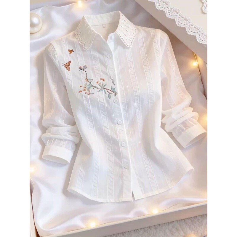 White Pure Cotton Embroidered Long-Sleeve Shirt for Women, Autumn 2026 New Style, Fleece-Lined Inner Shirt, Age-Reducing Polo Collar Top White Pure Cotton Embroidered Long-Sleeve Shirt for Women, Autumn 2026 New Style, Fleece-Lined Inner Shirt, Age-Reducing Polo Collar Top