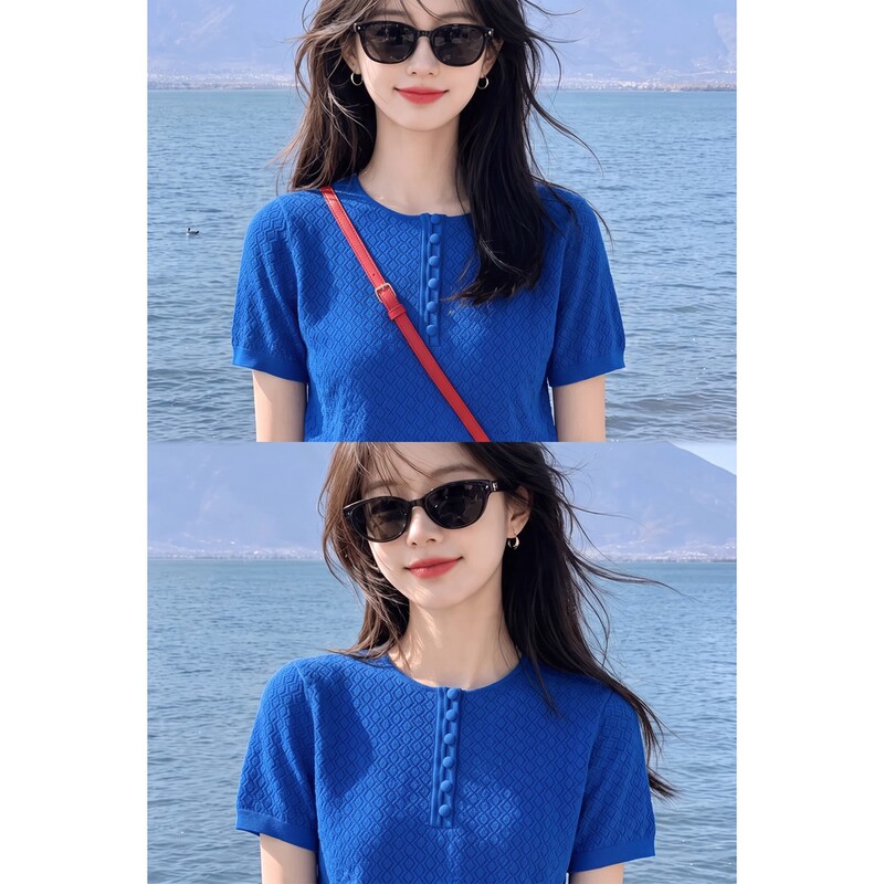 Klein Blue Hollow-Out Knit Short-Sleeve T-Shirt for Women, Suitable for Photoshoots, Loose Fit, Regular Shoulder, Royal Blue Top