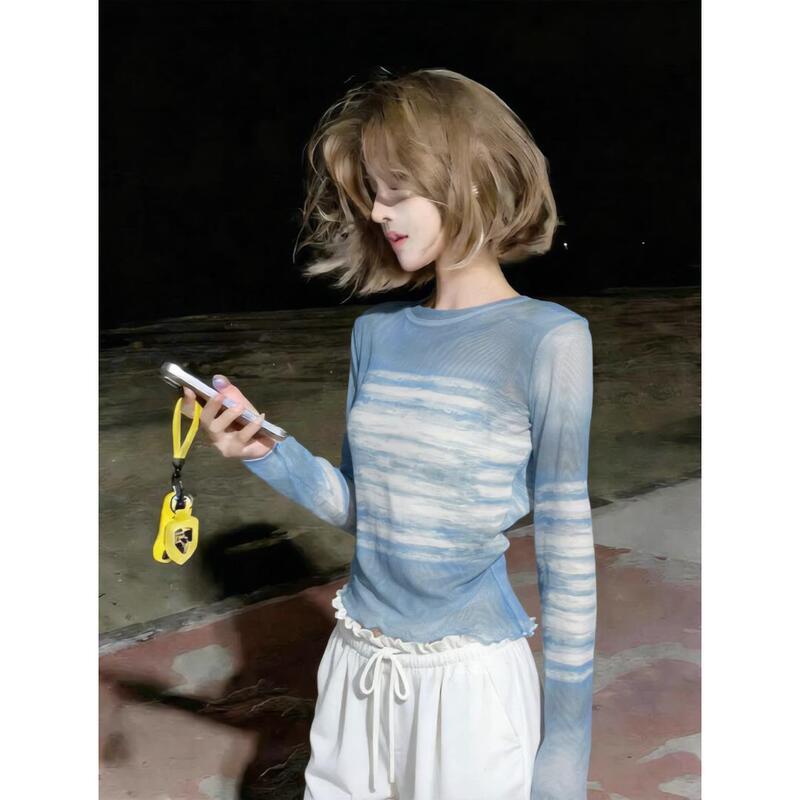 Gradient Tie-Dye Mesh Long-Sleeve Shirt for Women, New Spring and Autumn Style, Pleated Waist Blouse with Unique Design, Non-Repetitive Top