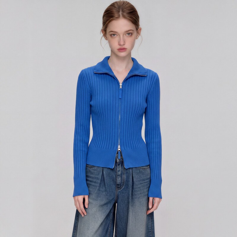 Klein Blue Ribbed Lapel Knit Cardigan for Women, New Autumn and Winter Style, Zip-Up Outerwear, Thickened Sweater Top Klein Blue Ribbed Lapel Knit Cardigan for Women, New Autumn and Winter Style, Zip-Up Outerwear, Thickened Sweater Top