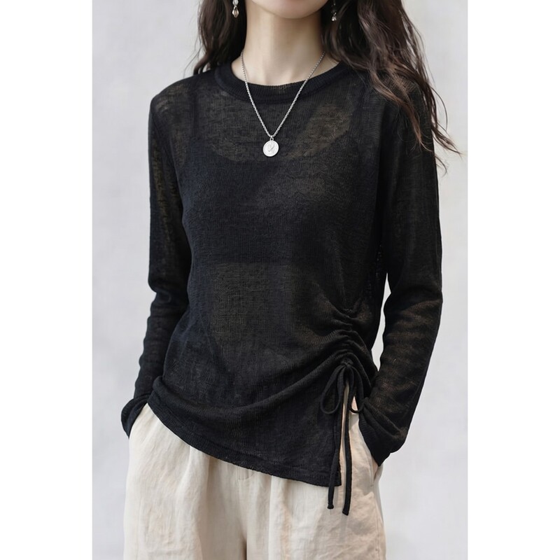 European-Style Thin Black Semi-Sheer Knit Long-Sleeve T-Shirt for Women, Autumn Stylish Diagonal Cut Tie-Waist Top Blouse European-Style Thin Black Semi-Sheer Knit Long-Sleeve T-Shirt for Women, Autumn Stylish Diagonal Cut Tie-Waist Top Blouse