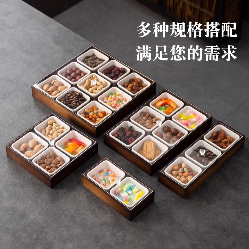Chinese-Style Solid Wood Fruit Plate with Compartments, Fruit Tray for Living Room Coffee Table, Snack Storage Box with Lid, White Bowl Grid Set Chinese-Style Solid Wood Fruit Plate with Compartments, Fruit Tray for Living Room Coffee Table, Snack Storage Box with Lid, White Bowl Grid Set