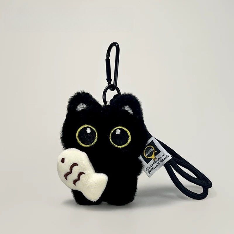 Cute and Adorable Big-Eyed Black Cat with a Small Fish Plush Toy Pendant, Creative Little Black Cat Keychain for Couples