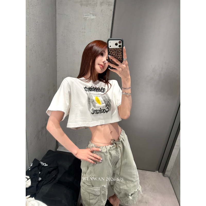 Wenwan【Girl Group Casual Wear】American Letter Graffiti Print Hot Girl Waist-Exposing Casual Short T-Shirt