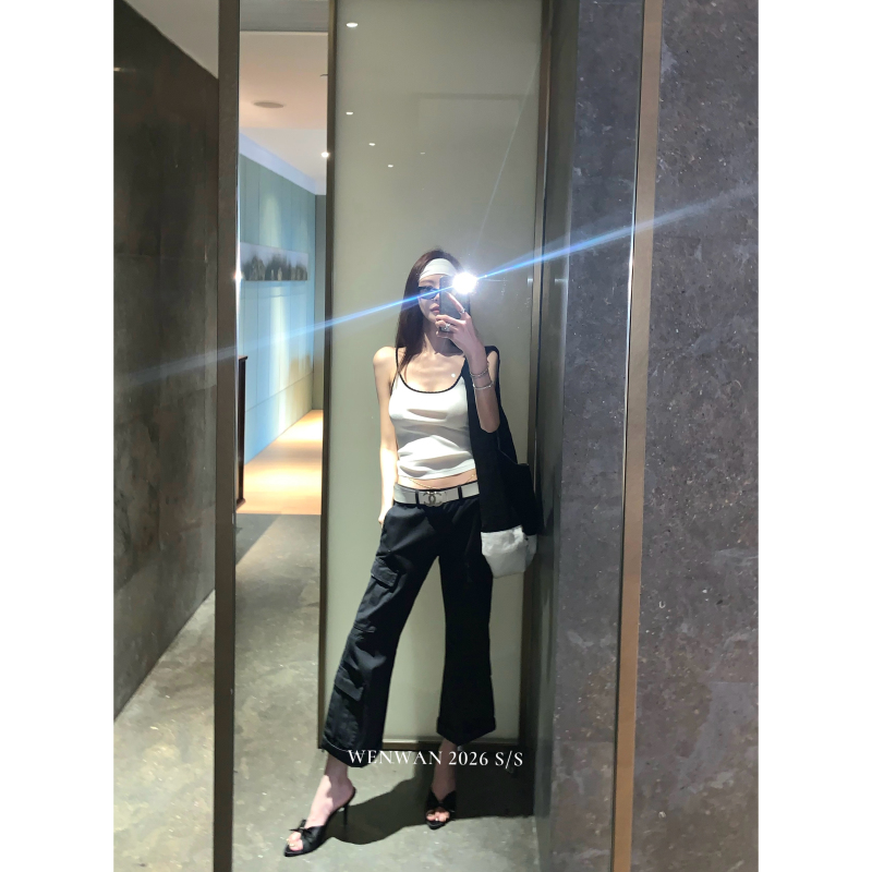 Wenwan【Urban Yuppie Private Label 1:1】Niche Design High-Waisted Side Pocket Workwear Flared Cropped Pants