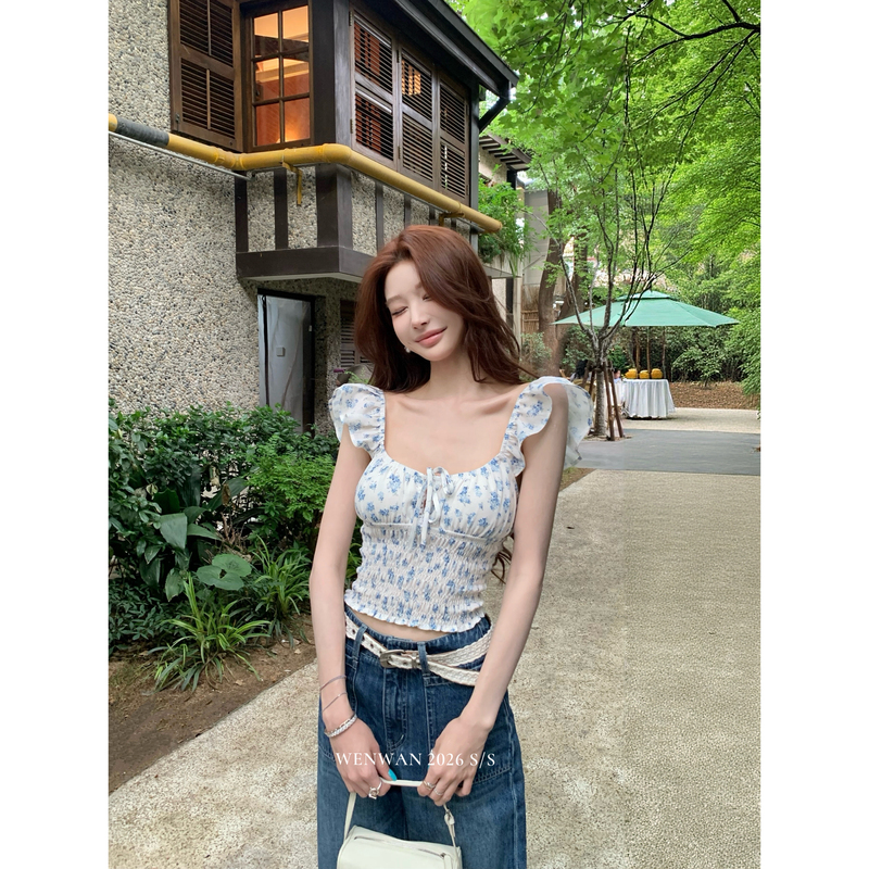 Wenwan【Girl Vivian】French-Style Girly Square-Neck Puff-Sleeve Tie-Up Slimming Short Top Wenwan【Girl Vivian】French-Style Girly Square-Neck Puff-Sleeve Tie-Up Slimming Short Top