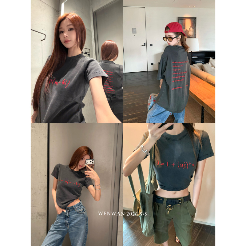 Wenwan【Bal* Luxurious Everyday Style】Formula Double Version T-Shirt with Washed Vintage Distressed Lettering Casual Short Sleeves