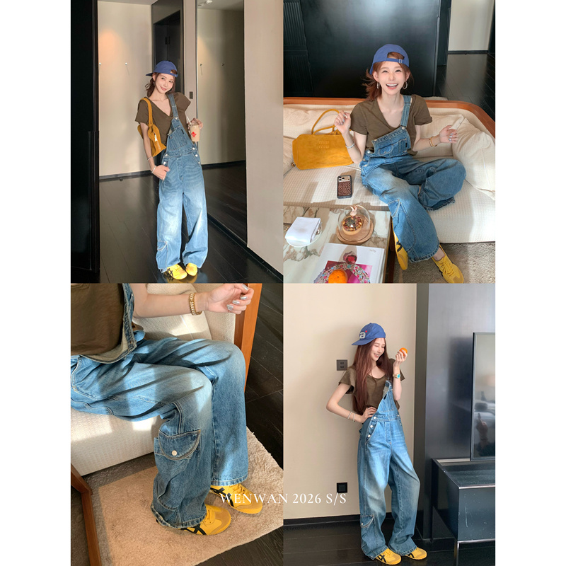 Wenwan【Casual Style Overalls】Designer Blue Denim Overalls Casual Youthful Jumpsuit