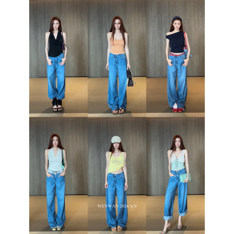Wenwan【Private Label Unboxing Pants】Summer Soft Denim High-End Pocket Color-Block Jeans
