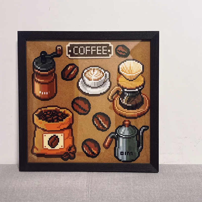 Pixel Art Coffee-Themed Niche Art Decorative Painting Vintage Kraft Paper Cafe Restaurant Creative Wall Art