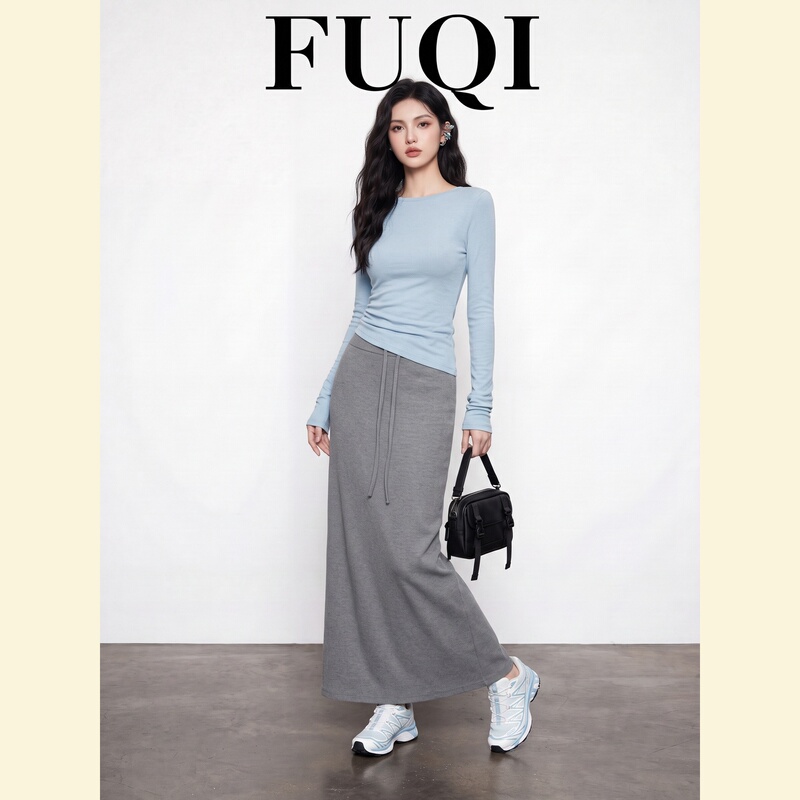 Fqfuqi a Complete Ootd Outfit, Fashionable and Simple, Light Blue Top and Gray Skirt Two-Piece Set for Women