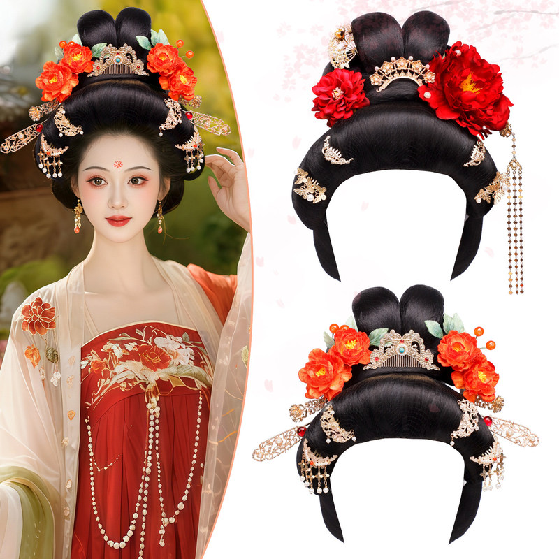 Hanfu Tang-Style Shooting Props: Integrated Wig Headgear, Peony Silk Flower Tassel Hair Crown, Imperial Concubine Style Accessories