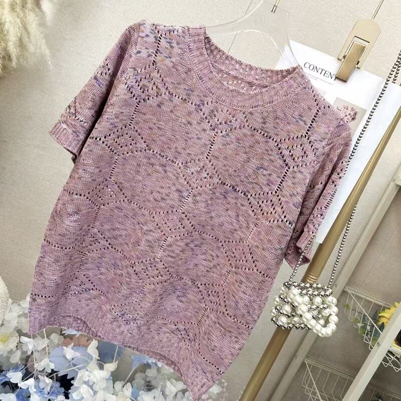 Pink Starry Sky Iridescent Floral Yarn Diamond Pattern Cotton Yarn Short-Sleeved Knit Top 629