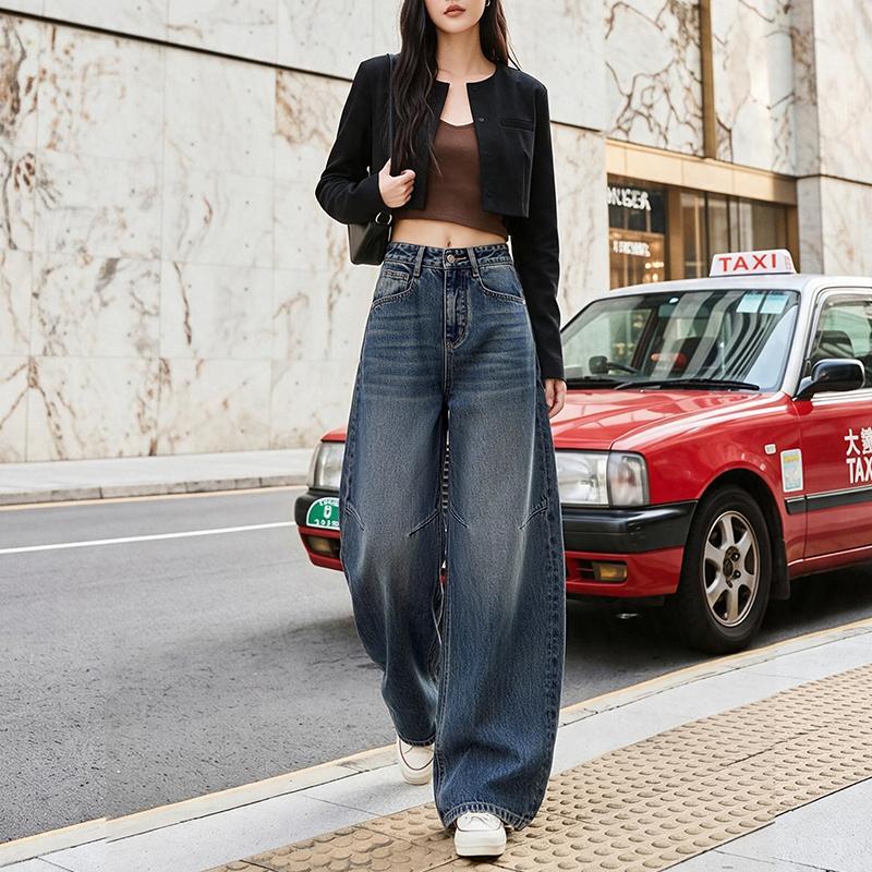 2026 New Design Early Autumn High-Waisted Patchwork Scimitar Jeans for Women, Hip-Covering, Slimming, Retro Versatile Straight-Leg Pants