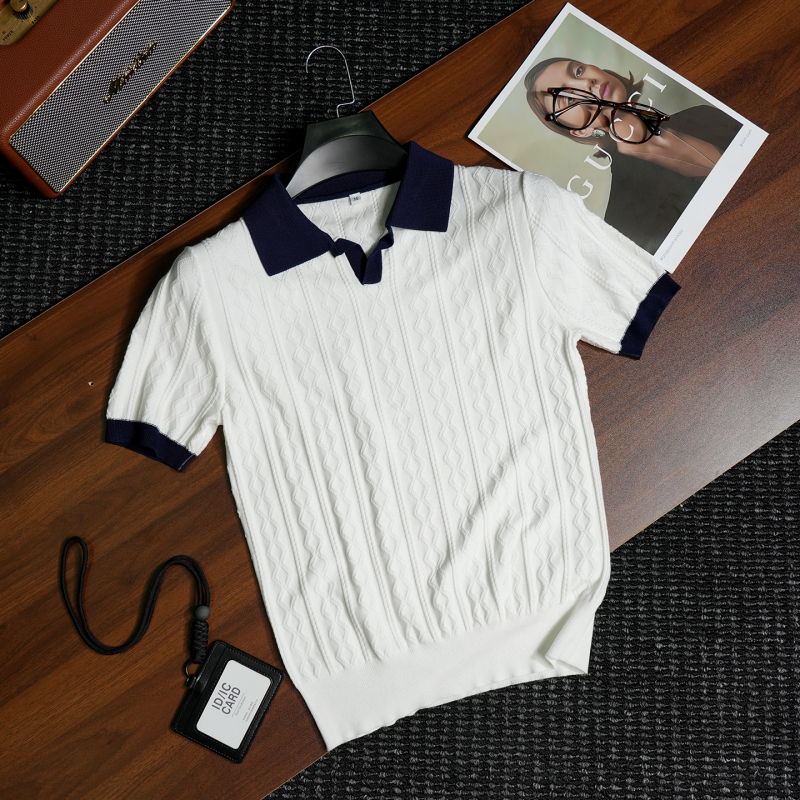 Mistlsle Italian-Style Old Money Elegant 100% Lyocell Jacquard Knit Polo Shirt with Contrasting Color Lapel Short-Sleeve T-Shirt