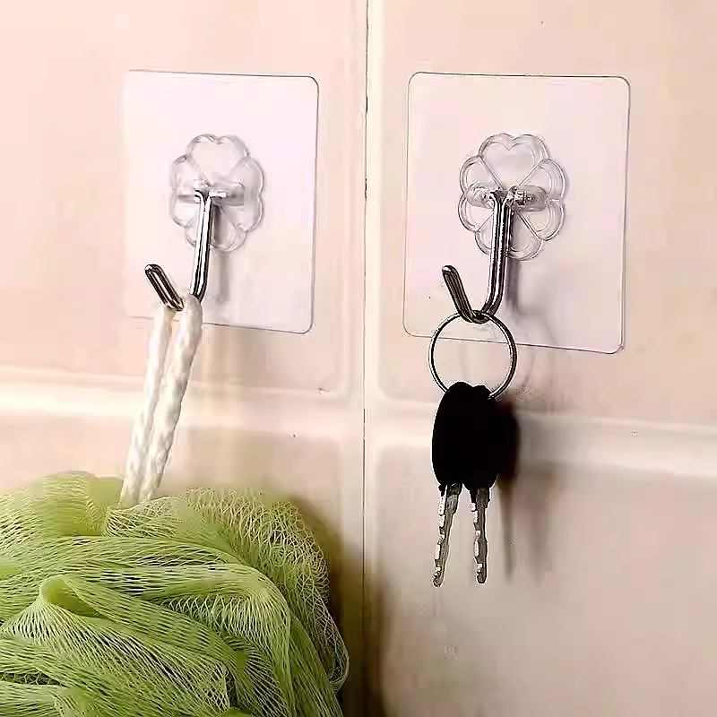 Traceless High-Load-Bearing No-Drill Hooks for Bathroom and Kitchen, Strong Adhesive Wall Hooks, Transparent Hooks