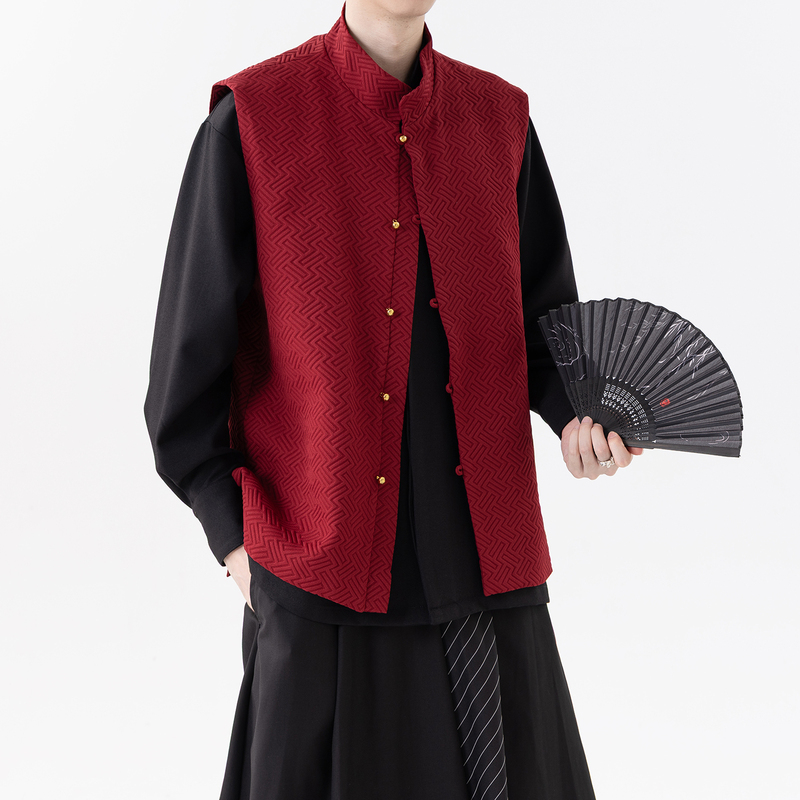 Red Tang Suit with Buttoned Waistcoat, New Chinese Style Men's Clothing, Chinese Style Jacket, Men's Vest, Outerwear, Large Size Jacket, Vest