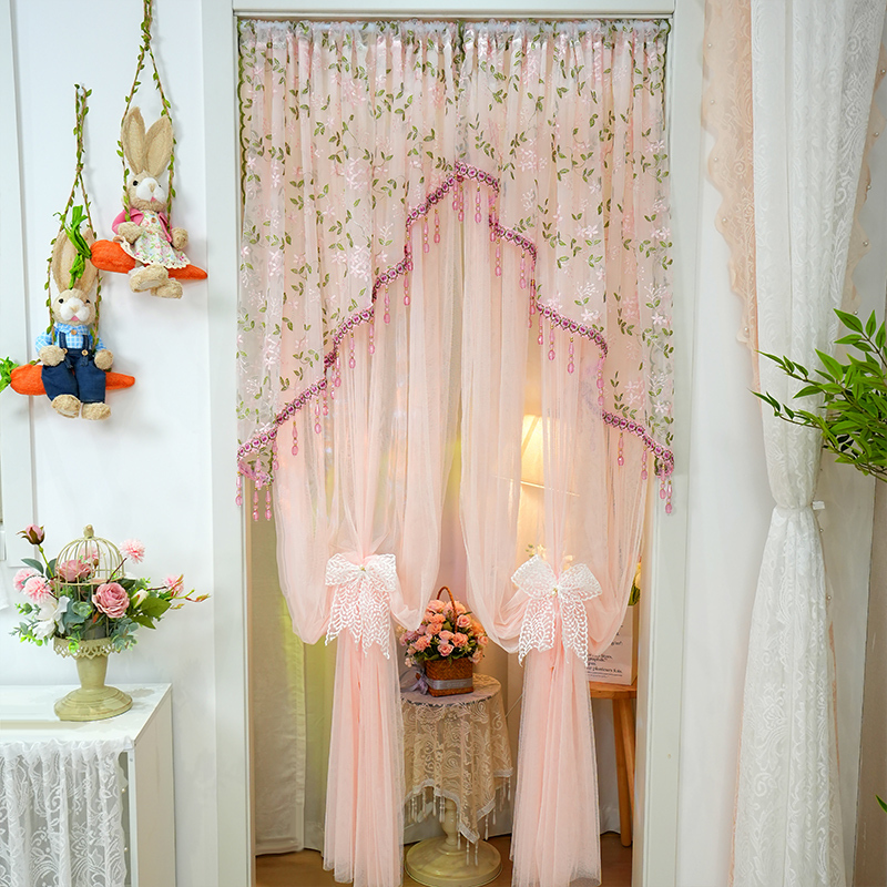 Lace Door Curtain for Bedroom, No-Drill French Princess Style Sheer Curtain, Decorative Partition Curtain with Heavy-Duty Pendants