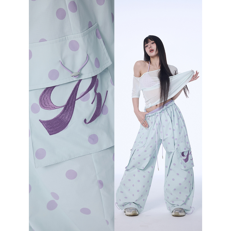 Busbable Light Green Polka Dot Print Cargo Pants Dance Niche Summer Loose Casual Pants for Women Busbable Light Green Polka Dot Print Cargo Pants Dance Niche Summer Loose Casual Pants for Women