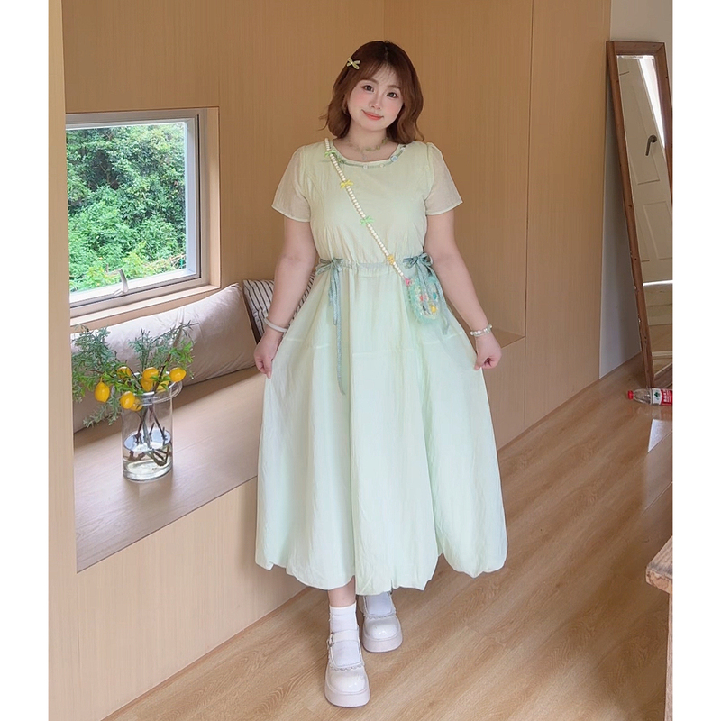 Plus-Size [Jasmine Tea] Sweet Girl Summer Dress for Chubby Girls, Mint Green Bow Tie, Waist-Cinching, Slimming Dress