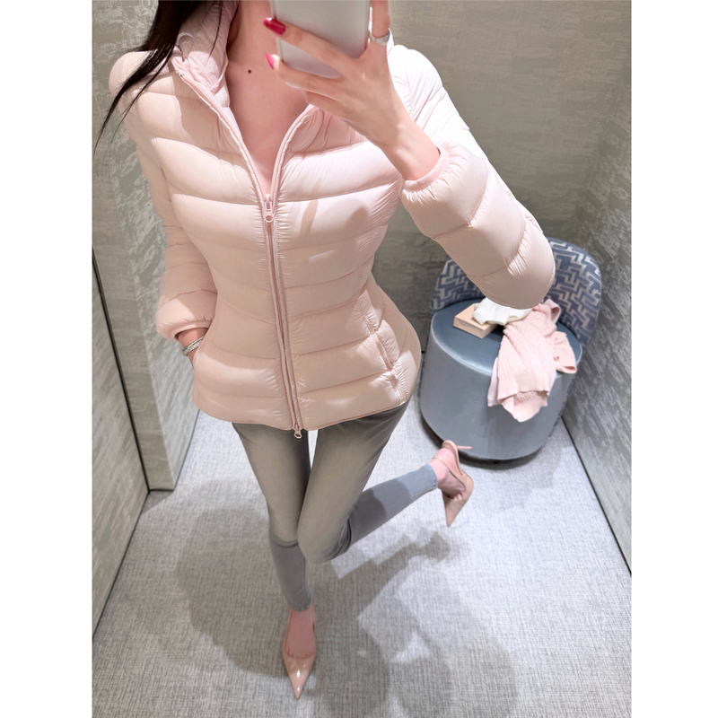 Cher Qiao'Er [Good Girl Korean Style] Waist-Cinching Ribbed down Jacket for Women, Winter White Duck down Hooded Warm Pink Coat