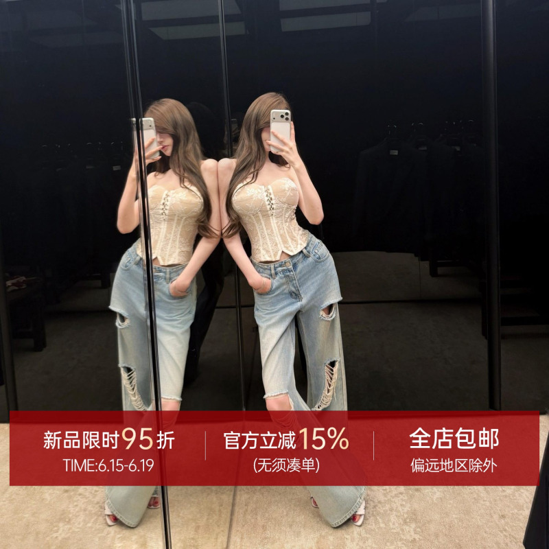 Cher Qiao'Er [Casual Pants] Women's Summer Vintage Relaxed Mid-Low Waist Ripped Straight Leg Jeans