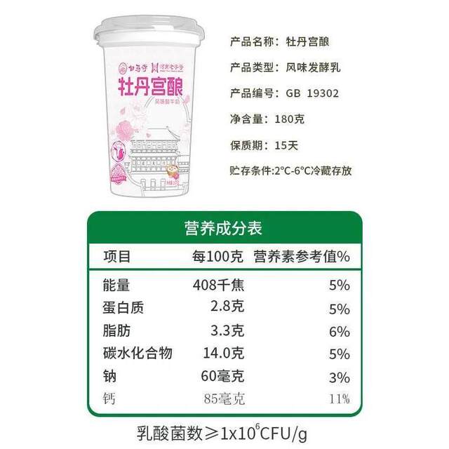 Luoyang White Horse Temple Peony Palace Flavored Yogurt 180g Cup-Packed Yogurt Fermented from Raw Milk for Student Breakfast