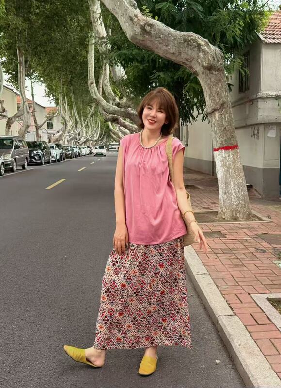 Muzijing - "Manta Garden" Summer Minimalist Style Sleeveless Top and Floral Skirt Cotton Silk Set (with Pockets)